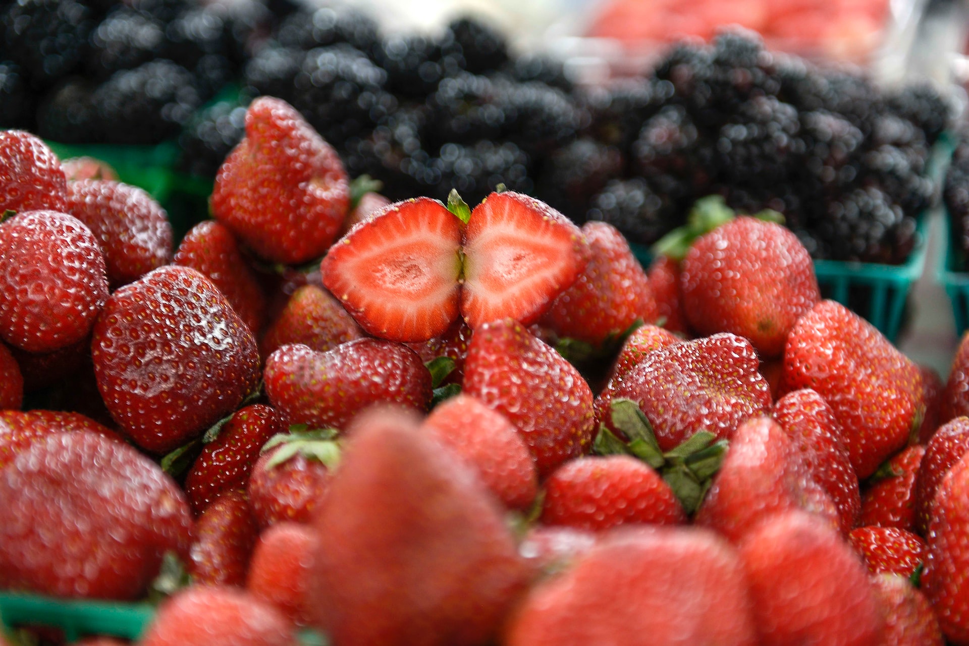 red strawberries in tilt shift lens