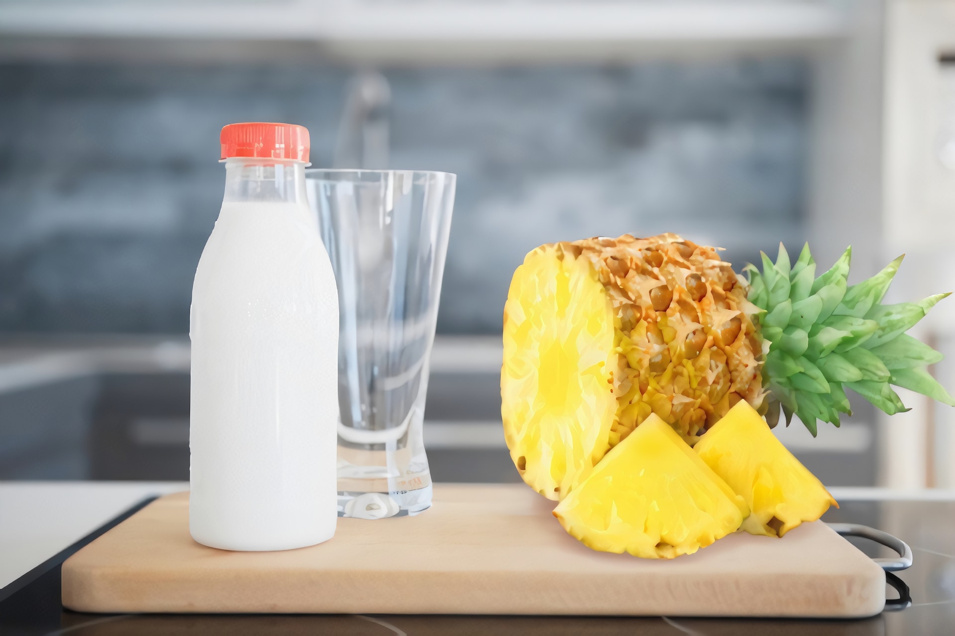 pineapple juice in clear drinking glass beside pineapple fruit