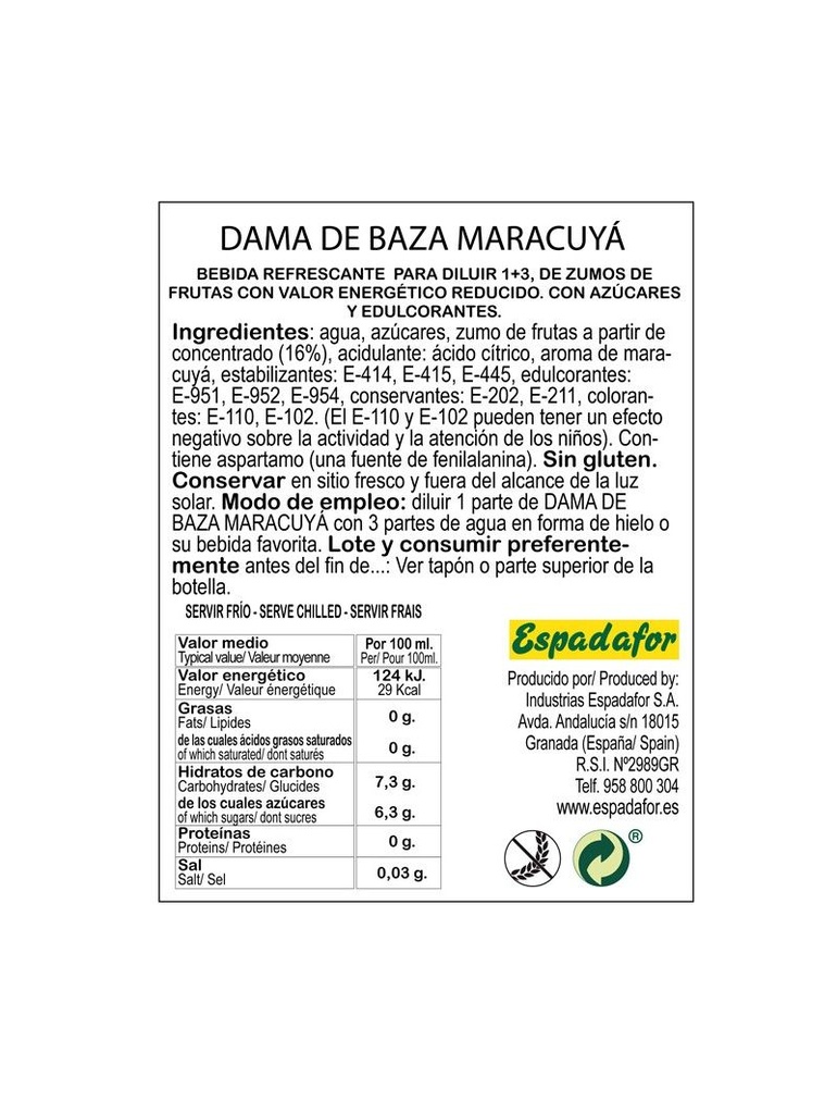 Licor de Maracuya DAMA DE BAZA sin alcohol 1L